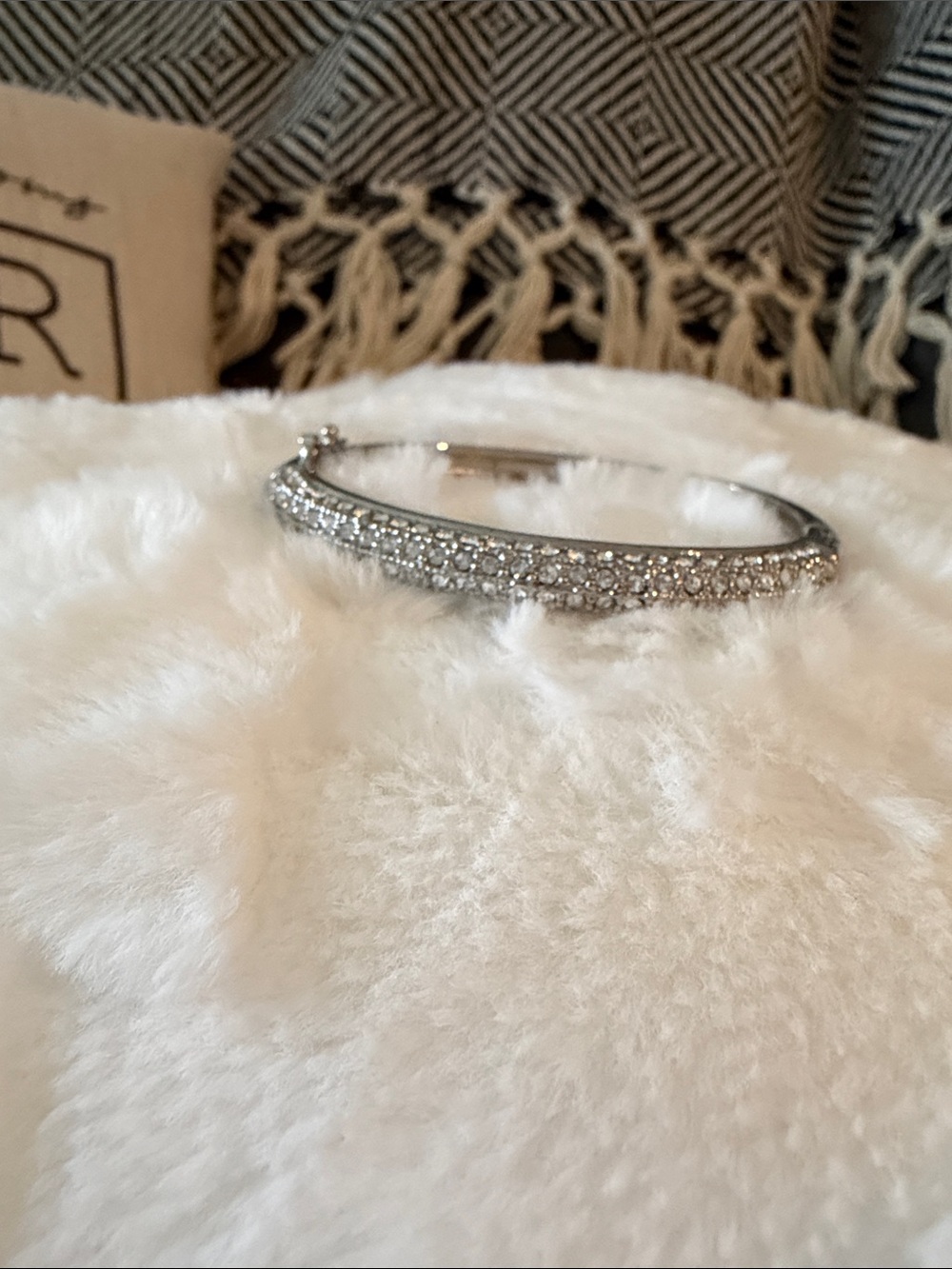 Sparkly Silver Tone Crystal Pavé Oval Hinged Bangle Bracelet with Safety Clasp